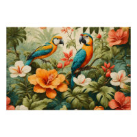 Fleurs tropicales vintages, Plantes et perroquets