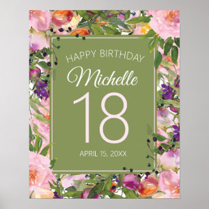 Poster Fleurs Vertes Floral Rose Violet 18ème Anniversair