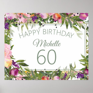 Poster Fleurs Vertes Floral Violet Rose 60e Anniversaire