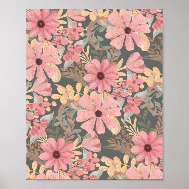 Poster Fleurs vertes rose Sage Laisser Motif Aquarelle (Devant)