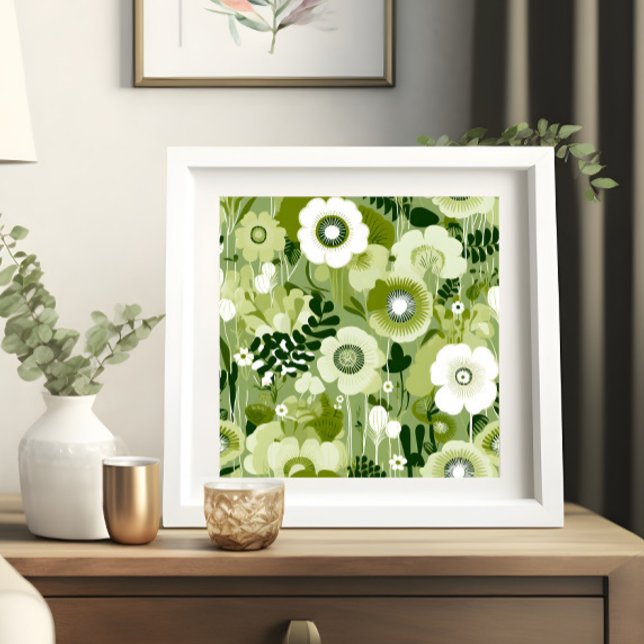 Poster Fleurs vertes Sage (A sage green floral print shown in a white frame)