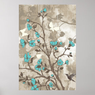 Poster fleurs vintages aqua taupe grunge floral personnal