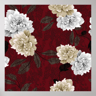 Poster Fleurs vintages grises et crème avec bouquets feui