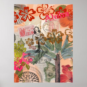 Poster Fleurs vintages Hula Colorful Hawaiian Tropical