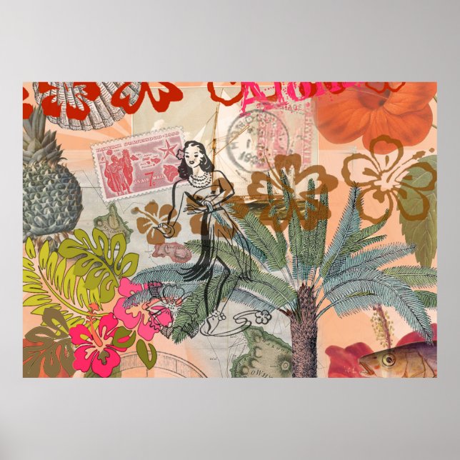 Poster Fleurs vintages Hula Colorful Hawaiian Tropical (Devant)