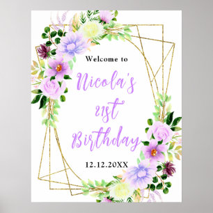 Poster Fleurs violettes avec feuillage Bienvenue d'annive