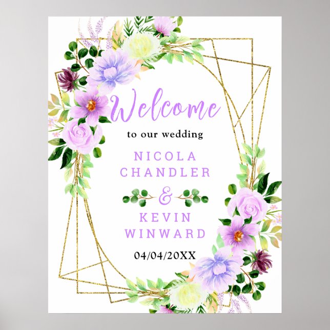 Poster Fleurs violettes de printemps avec panneau de bien (Devant)