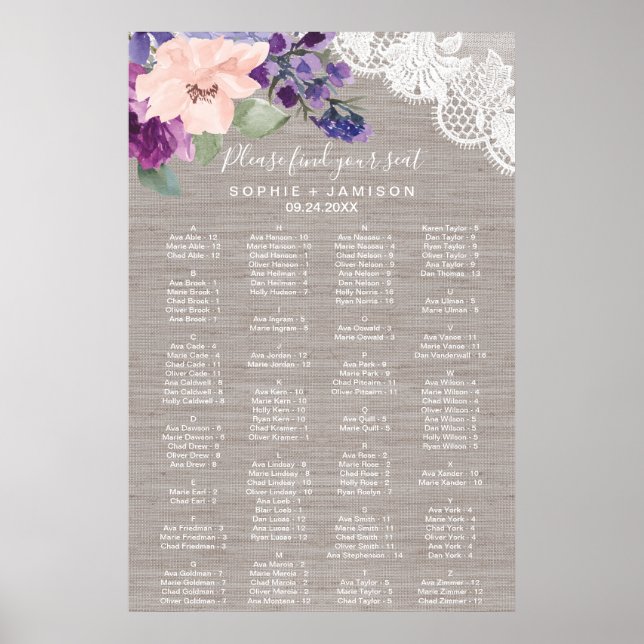 Poster Fleurs violettes et dentelle de siège alphabétique (Devant)