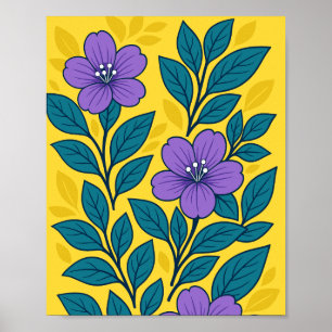Poster Fleurs violettes et feuilles sarcelles sur fond ja