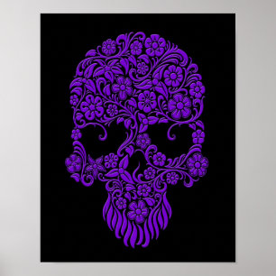 Poster Fleurs violettes et vignes Design crâne sur noir