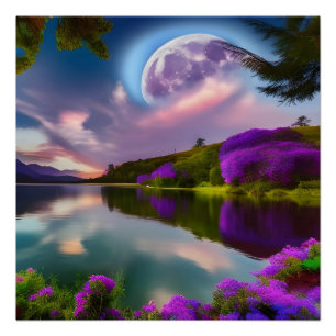 Poster Fleurs violettes Lune et reflet du lac