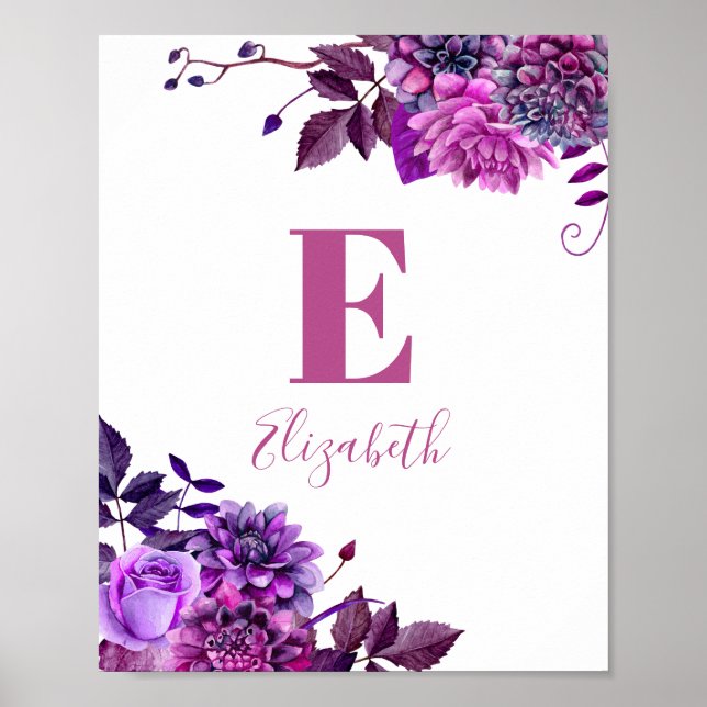 Poster Fleurs violettes. Nom de la petite fille et monogr (Devant)