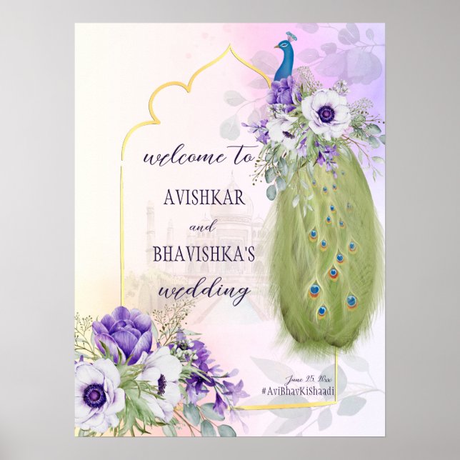 Poster Fleurs violettes paon mariage signe de bienvenue (Devant)