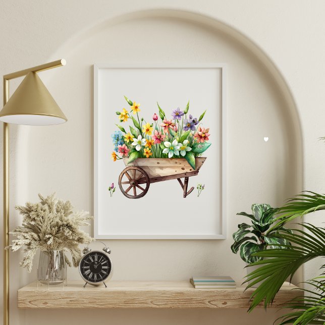 Poster Fleurs violettes roses blanches jaunes en tonneau (Yellow White Daffodils Flowers in a Wheel Barrel Wall Art. Digtial Download or Printed)