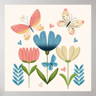 Poster Fleurs Whimsical et papillons