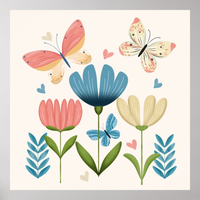 Poster Fleurs Whimsical et papillons (Devant)