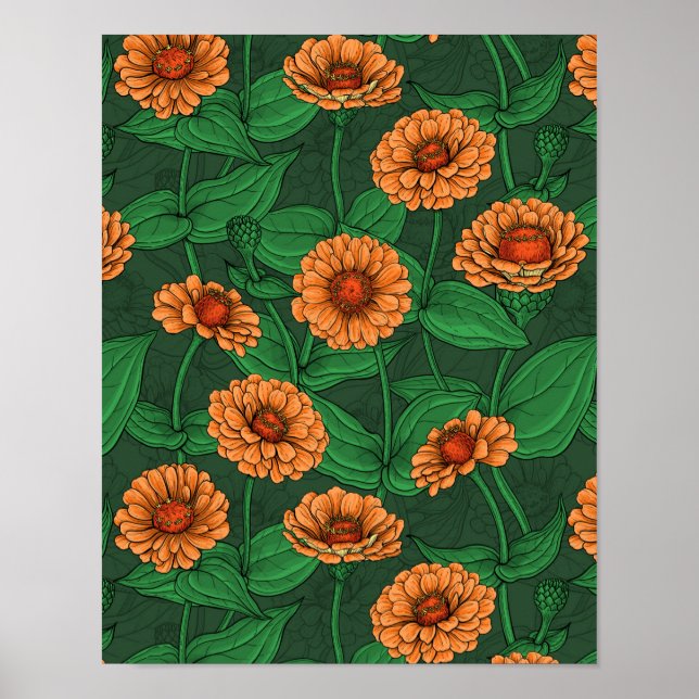 Poster Fleurs Zinnia orange, feuilles verts sur vert fonc (Devant)