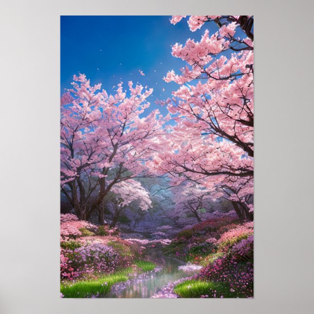 Poster Fleuve de charme et fleur de cerisiers (Devant)