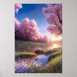 Poster Fleuve Embracé par les fleurs violettes