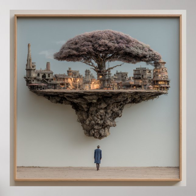 Poster Floating Ruined City Blossom Tree Surreal (Devant)
