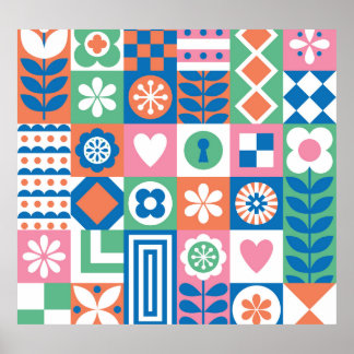 Poster Floral Abstrait : Scandinave Folk Design.