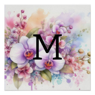 Poster Floral aquarelle monogramme fleurs d'orchidées ros