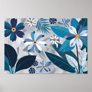 Poster Floral bleu et blanc moderne avec Feuilles géométr
