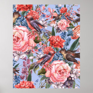 Poster Floral Blue Arrière - plan Roses Hyacinth Fleurs s