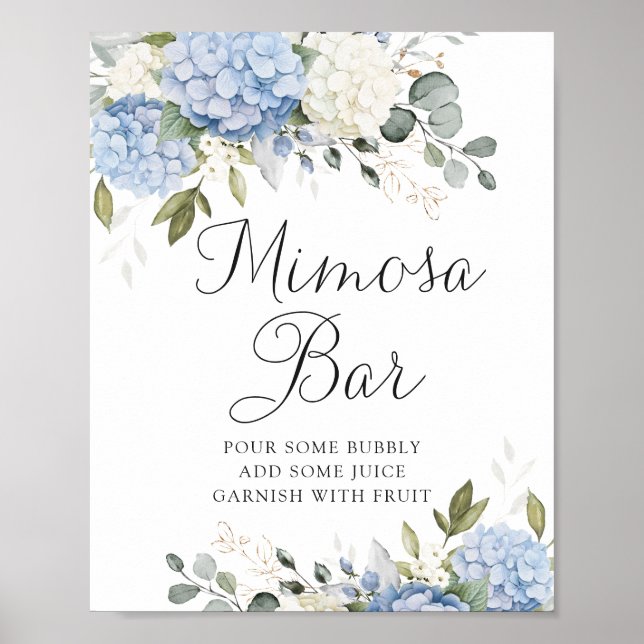 Poster Floral Blue Hydrangea Mariage vert Mimosa Bar (Devant)