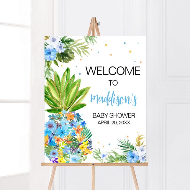 Poster Floral Blue Pineappy Baby shower Bienvenue (Blue Gold Pineapple Baby Shower Welcome Sign)