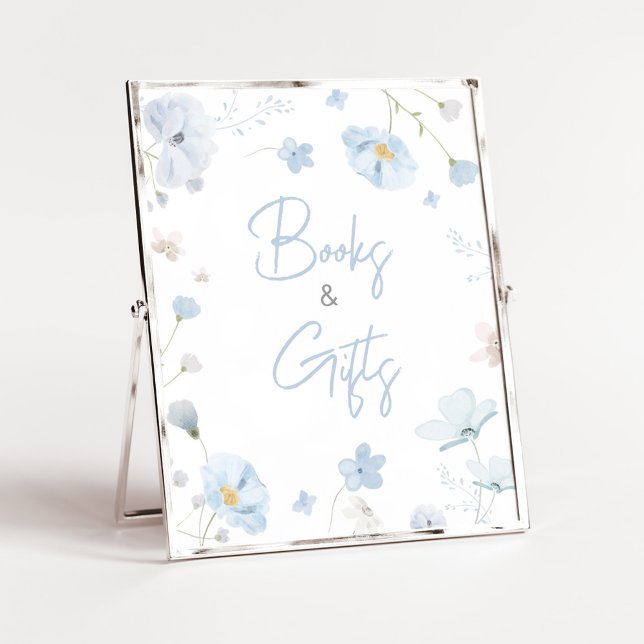 Poster Floral Blue Spring Baby in Bloom Livres et Cadeaux (Blue Spring Floral Baby in Bloom Baby Shower Books and Gifts Sign)