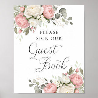 Poster Floral Blush Pink Greenery Wedding Guest Book Sign