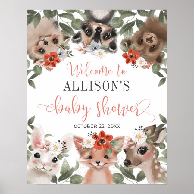 Poster Floral Bois animaux baby shower signe de bienvenue (Devant)