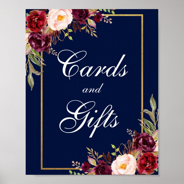 Poster Floral Bourgogne Bleu Gold Cartes de mariage Cadea (Devant)