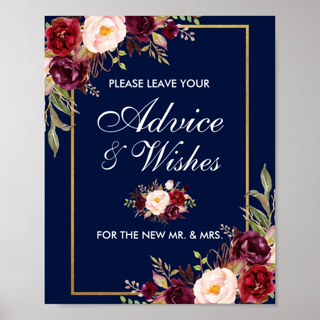 Poster Floral Bourgogne Bleu Or Mariage Conseils (Devant)