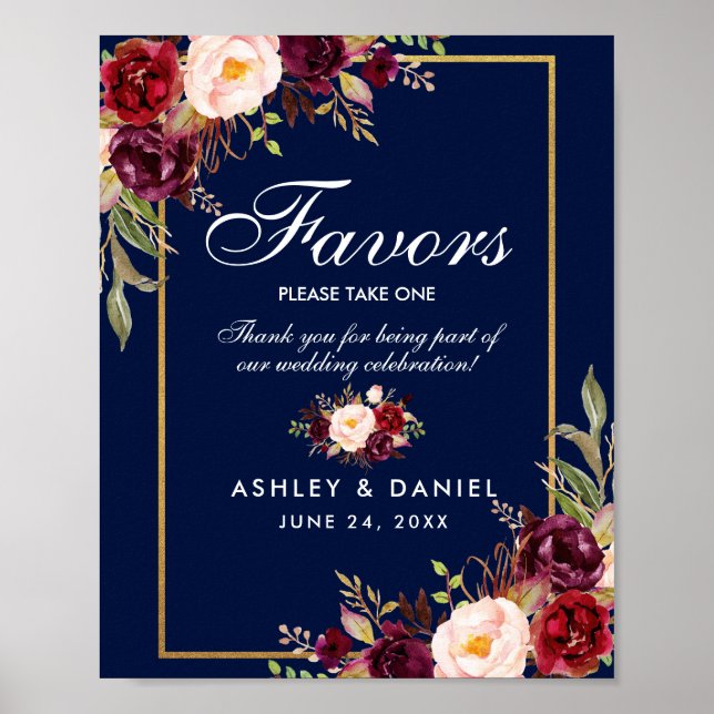 Poster Floral Bourgogne Bleu Or Mariage Faveurs (Devant)
