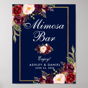 Poster Floral Bourgogne Blue Gold Mariage Mimosa Bar