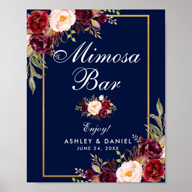 Poster Floral Bourgogne Blue Gold Mariage Mimosa Bar (Devant)
