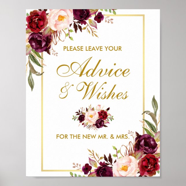 Poster Floral Bourgogne Gold Mariage Conseils et souhaits (Devant)