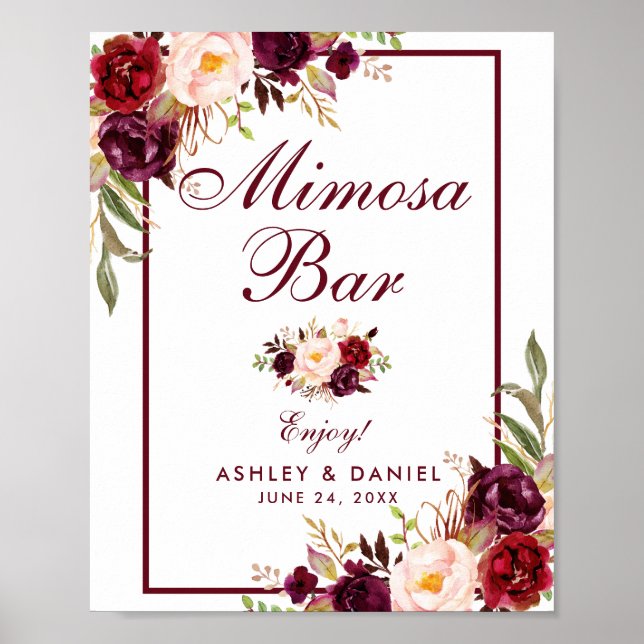 Poster Floral Bourgogne Mariage Mimosa Bar (Devant)