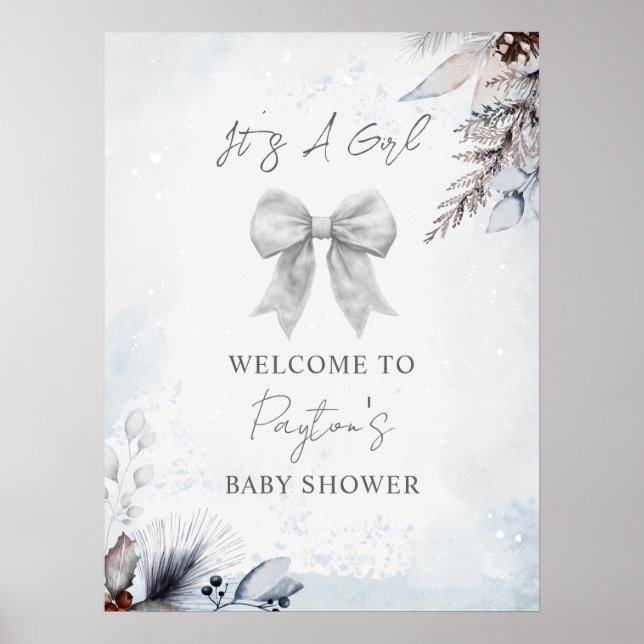 Poster Floral Bow Winter Girl Baby shower Bienvenue (Devant)