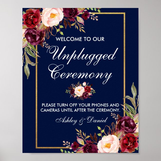 Poster Floral Burgundy Bleu Cérémonie Mariage débranché (Devant)