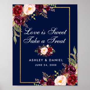 Poster Floral Burgundy Blue Gold traitement Mariage