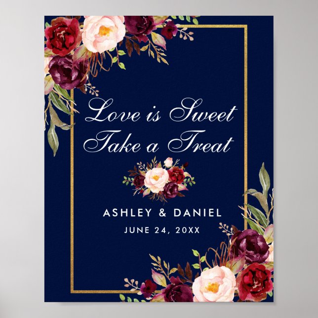 Poster Floral Burgundy Blue Gold traitement Mariage (Devant)