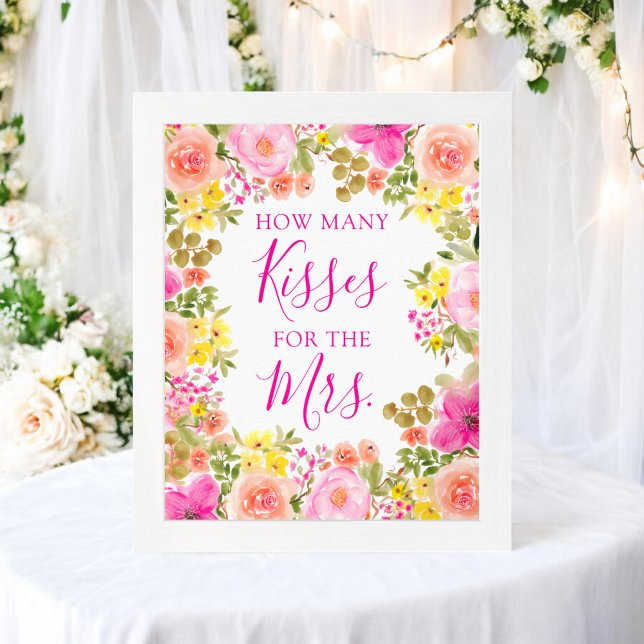 Poster Floral Combien de baisers pour la Fête des mariées (Floral How Many Kisses for the Mrs. Bridal Shower Poster)