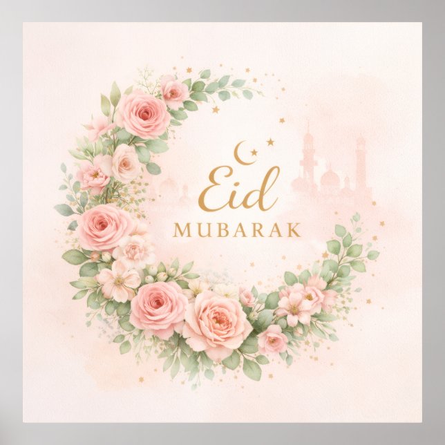 Poster Floral Crescent Eid Mubarak Wall Art – Soft Pink & (Devant)