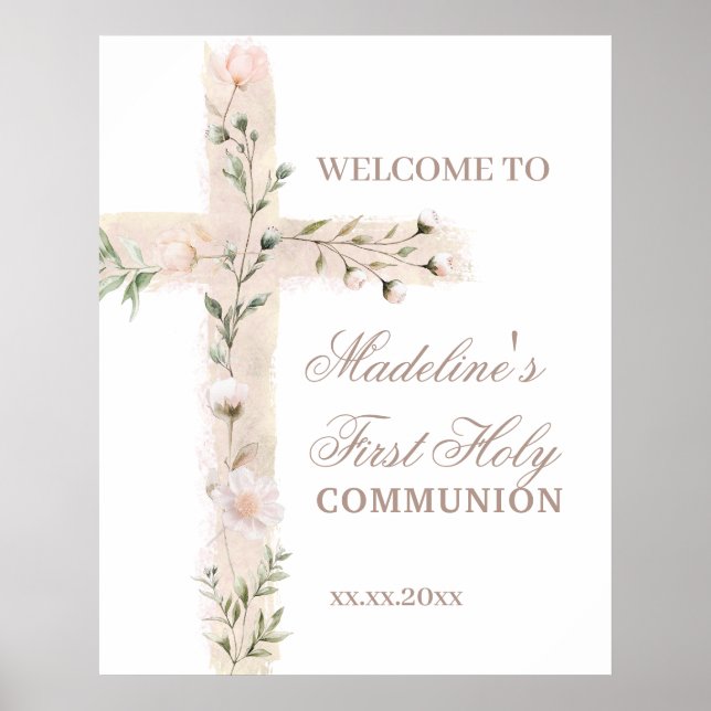 Poster floral cross First Communion welcome sign (Devant)