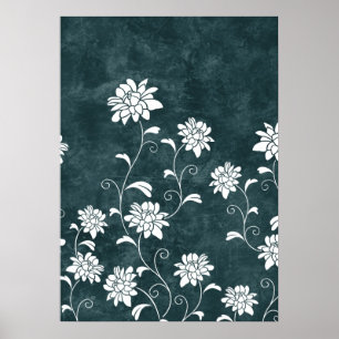 Poster Floral damassé bleu & blanc fleurs girly chic