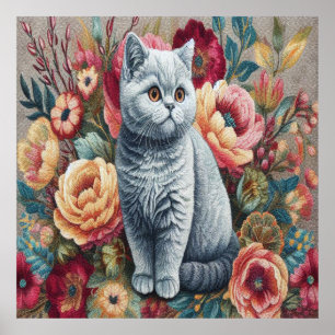 Poster Floral Delal British shorthair Chat, Cute Kitten