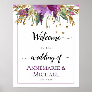 Poster Floral D'Or Violet Bienvenue Au Mariage De Signe